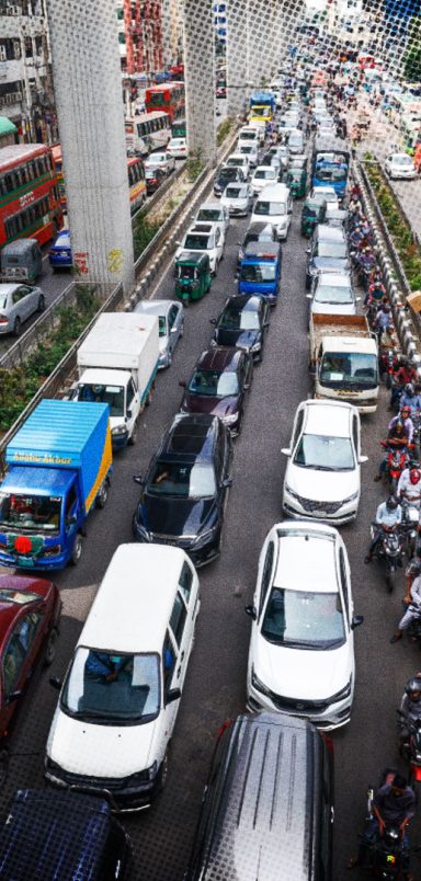 Which vehicles dominate Bangladeshi roads?